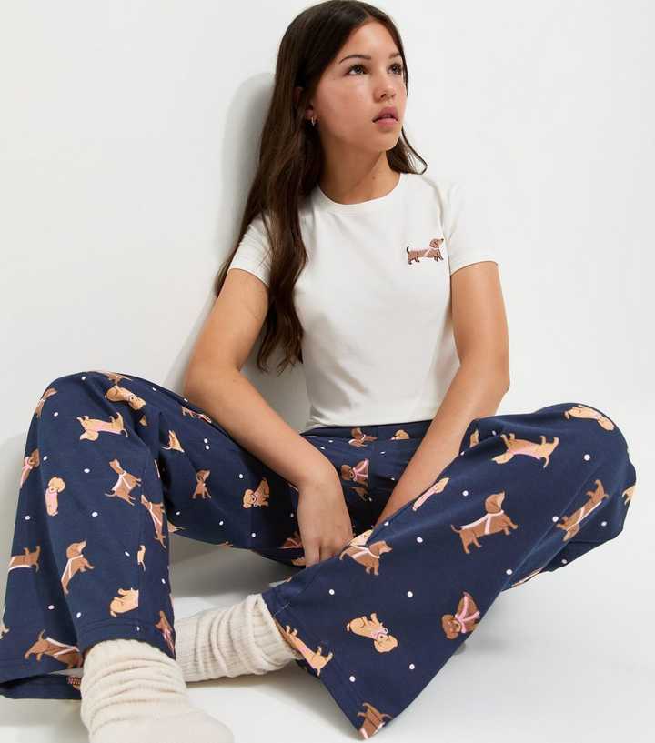 Girls Blue Cotton Rich Sausage Dog Short Sleeve Pyjama Set