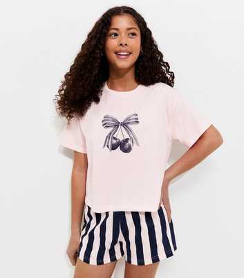 Girls Light Pink Cotton Cherry Stripe Pyjama Shorts Set