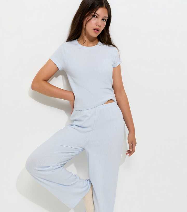 Girls Blue Cotton Rich Pointelle Wide Leg Pyjama Set