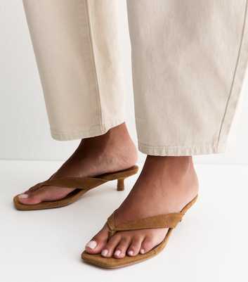 Premium Real Suede Tan Toe Post Kitten Heel Mules