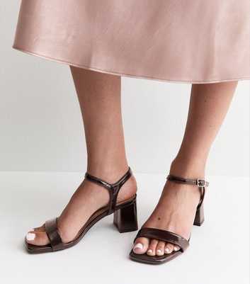 Dark Brown Patent Faux Leather Block Heel Sandals