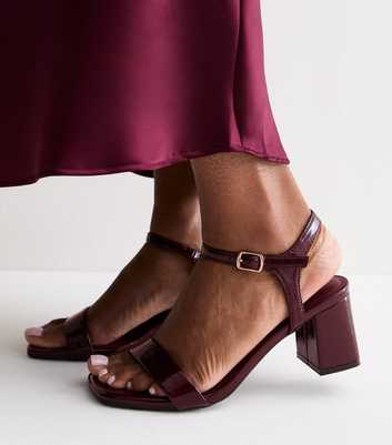 Dark Burgundy Patent Faux Leather Block Heel Sandals