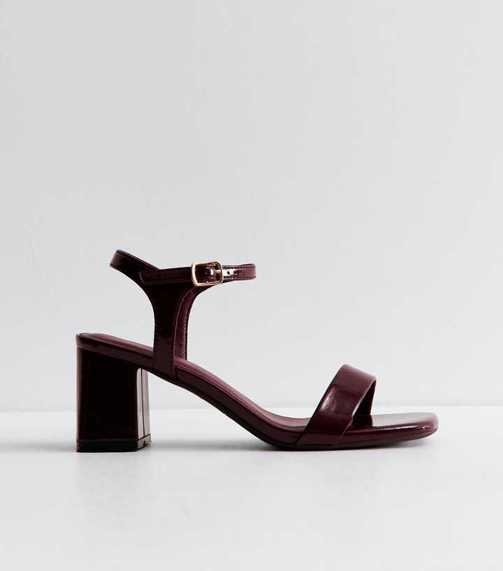 Dark Burgundy Patent Faux Leather Block Heel Sandals