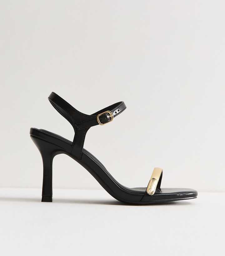 Black Faux Leather Bracelet Strap Stiletto Sandals