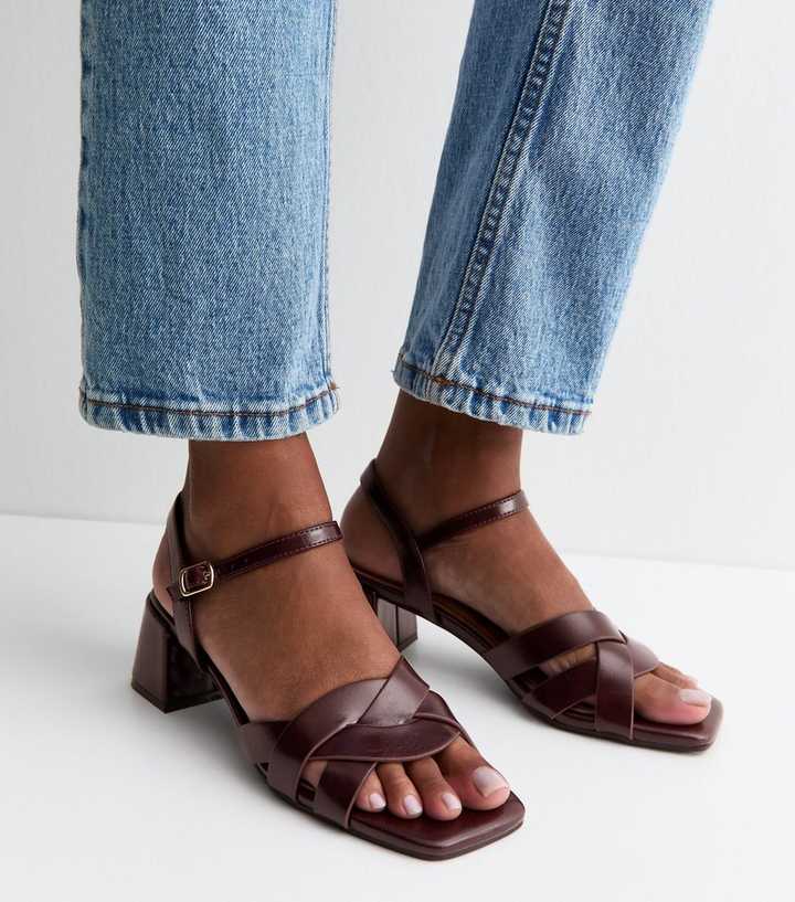 Dark Burgundy Faux Leather Interwoven Strap Block Heel Sandals
