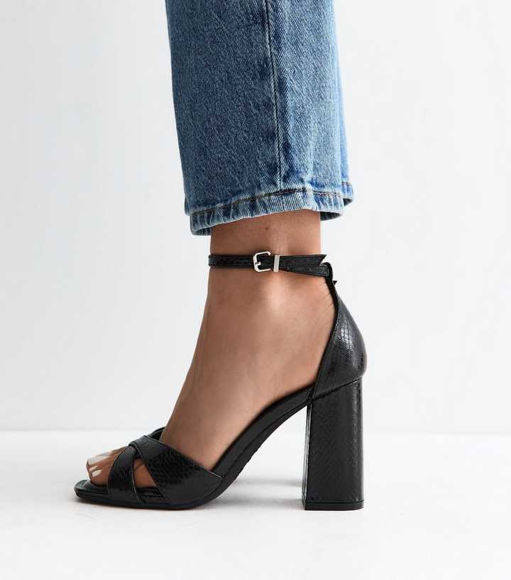 Black Faux Leather Crossover Strap High Block Sandals