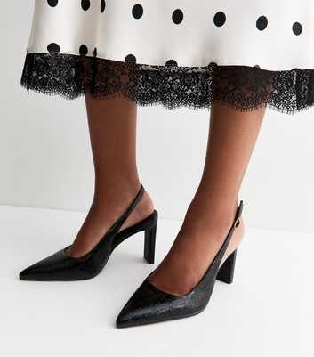 Black Patent Crinkled Faux Leather Slingback Court Shoes