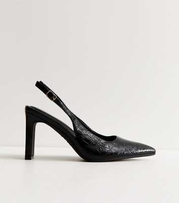 Black Patent Crinkled Faux Leather Slingback Court Shoes