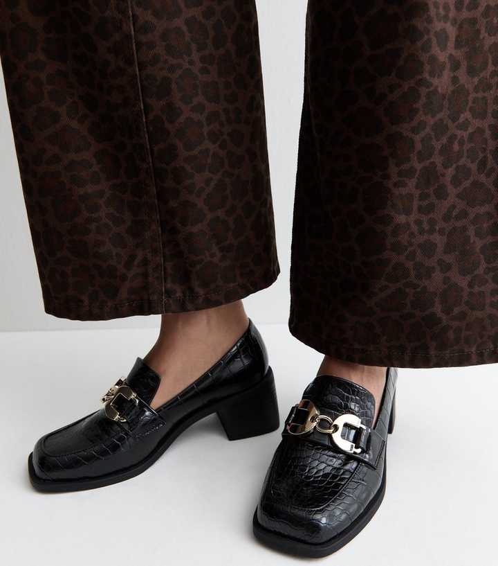 Black Faux Leather Crocodile Embossed Heeled Loafers