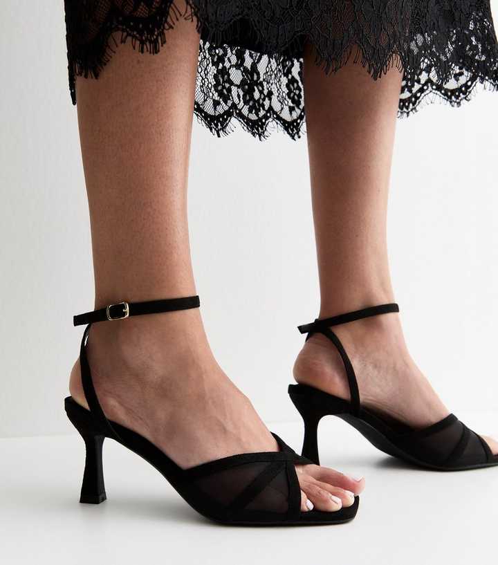 Wide Fit Black Mesh Strap Open Toe Sandals