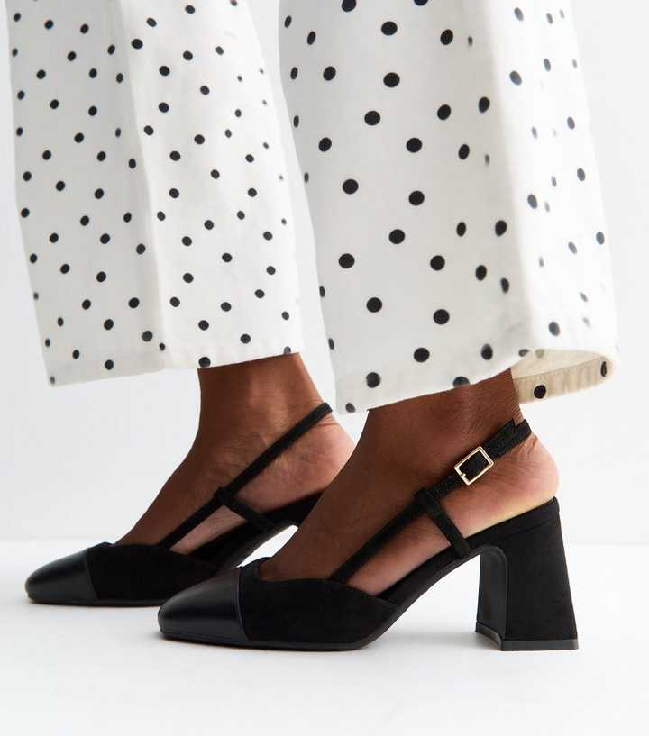 Black Faux Suede and Leather Toe Cap Slingback Pumps