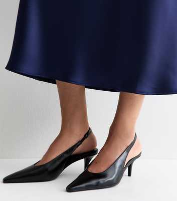 Wide Fit Black Faux Leather Pointed Toe Slingback Pumps