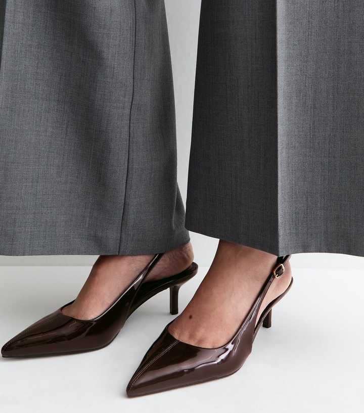 Wide Fit Dark Brown Patent Faux Leather Slingback Pumps