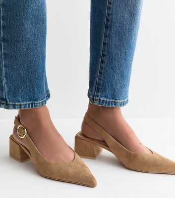 Wide Fit Camel Faux Suede Block Heel Pumps