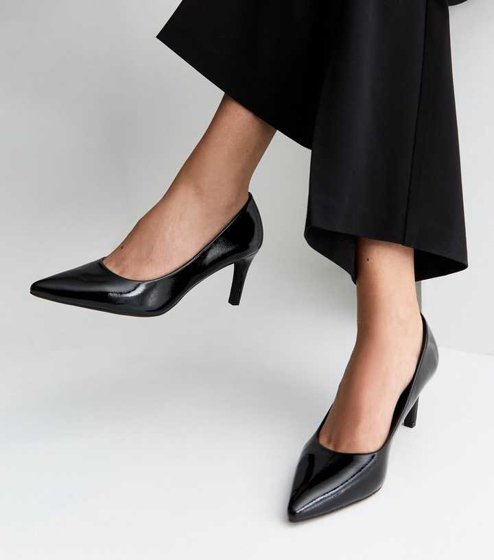 Wide Fit Black Patent Faux Leather Pointed Toe Court Shoes