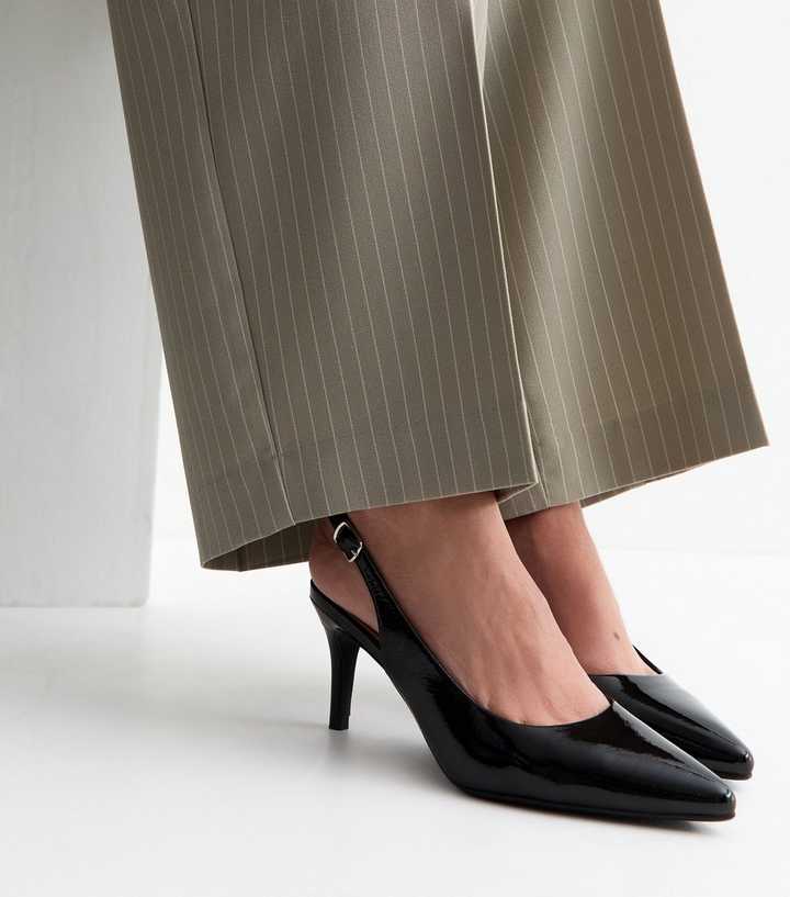 Black Patent Faux Leather Pointed Toe Slingback Pumps