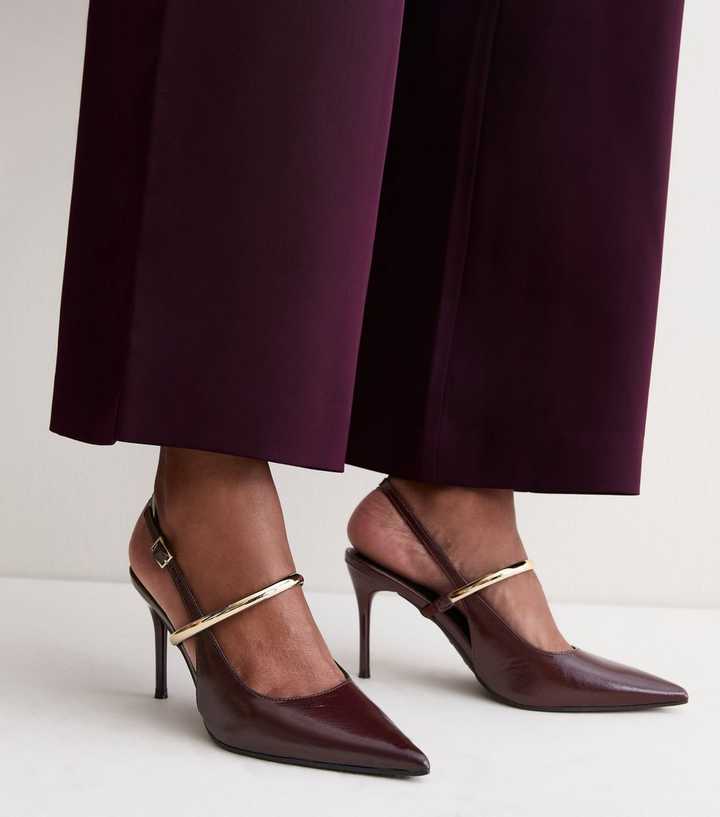 Dark Burgundy Faux Leather Metallic Strap Slingback Pumps