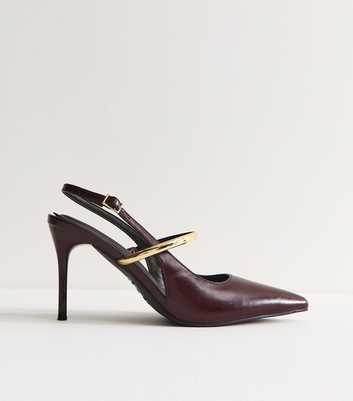 Dark Burgundy Faux Leather Metallic Strap Slingback Pumps