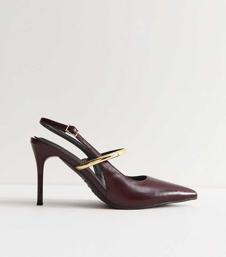 Wide Fit Dark Burgundy Faux Leather Metallic Strap Slingback Pumps