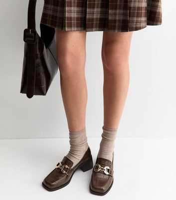 Dark Brown Faux Leather Crocodile Embossed Block Heel Loafers