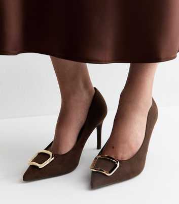 Wide Fit Dark Brown Faux Suede Buckle Front Court Shoes