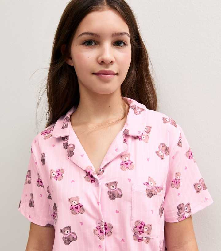 Girls Light Pink Teddy Bear Print Short Sleeve Top and Shorts Pyjama Set