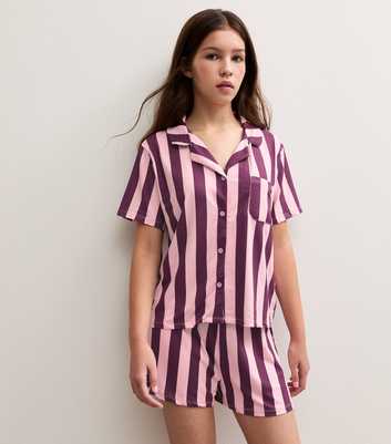 Girls Pink Striped Short Sleeve Top and Shorts Pyjama Set