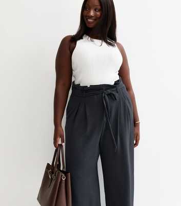Curves Navy Paperbag Waist Wide Leg Trousers