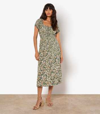 Apricot Light Khaki Floral Milkmaid Midi Dress