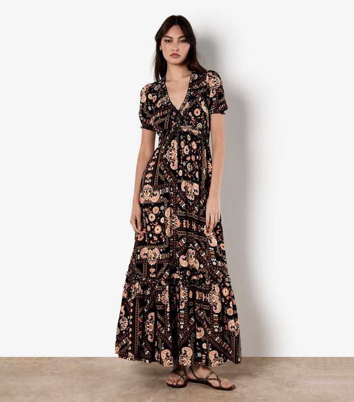 Apricot Black Scarf Print Tiered Maxi Dress