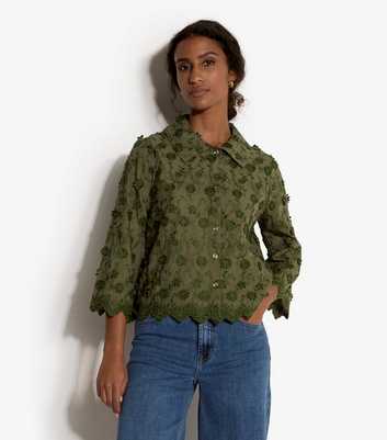 Apricot Dark Khaki Applique Flowers Cropped Shirt