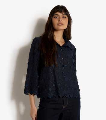 Apricot Navy Embroidered Floral Cropped Shirt
