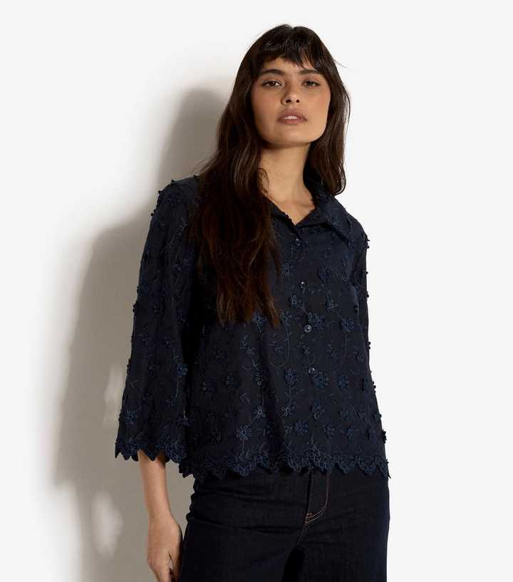 Apricot Navy Embroidered Floral Cropped Shirt