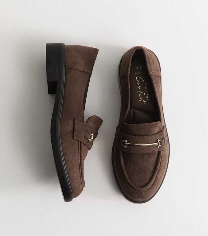 Wide Fit Dark Brown Faux Suede Metallic Strap Loafers