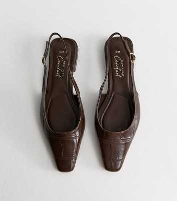 Dark Brown Croc Embossed Pointed Slingback Pumps