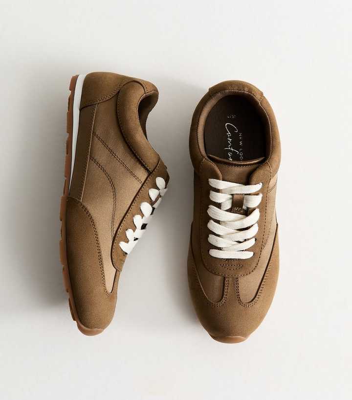 Dark Khaki Faux Suede Lace Up Panelled Trainers