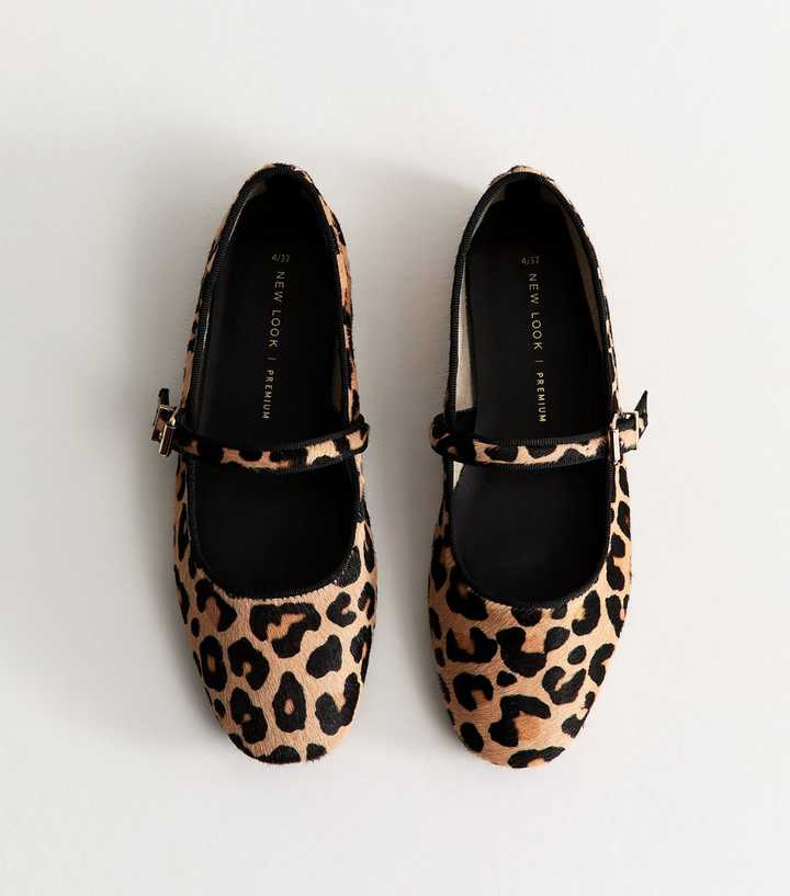 Premium Real Leather Stone Leopard Print Pony Hair Mary Jane Flats