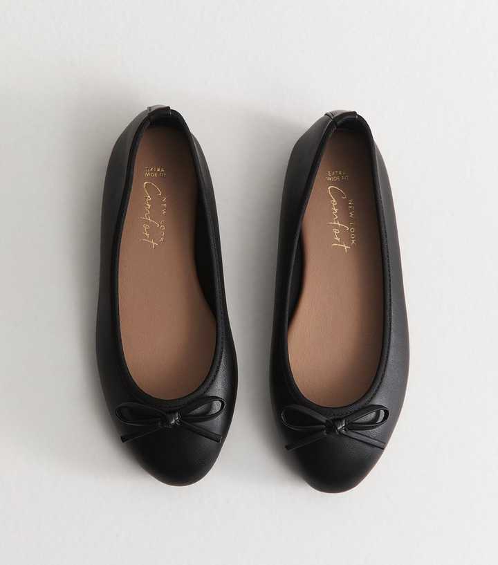 Extra Wide Fit Black Faux Leather Ballet Flats