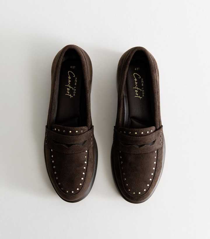 Dark Brown Faux Suede Studded Loafers