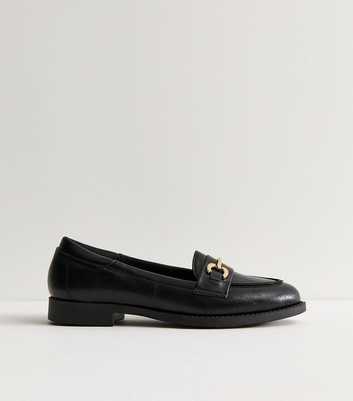 Black Faux Leather Horsebit Detail Almond Toe Loafers