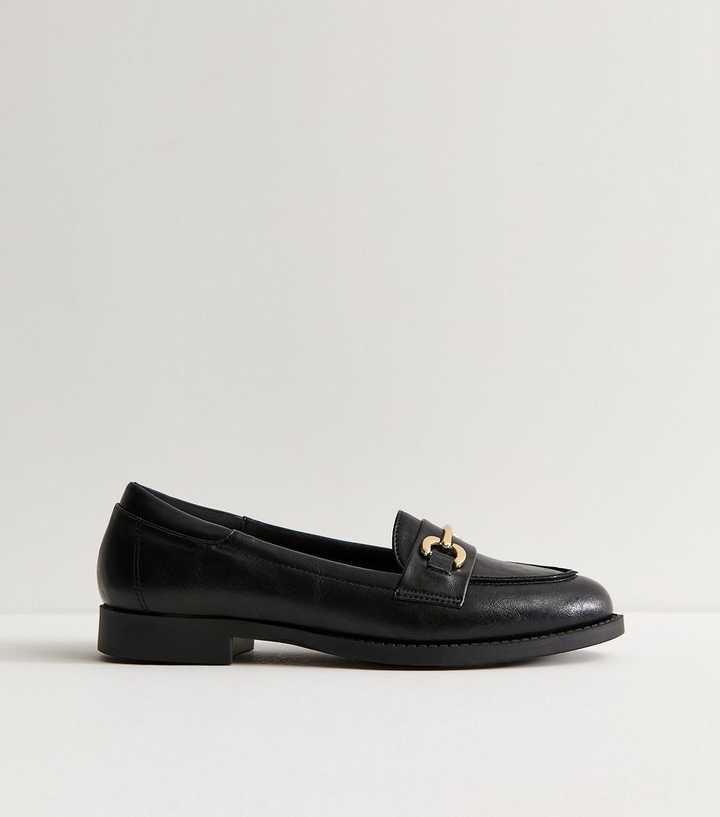 Black Faux Leather Horsebit Detail Almond Toe Loafers