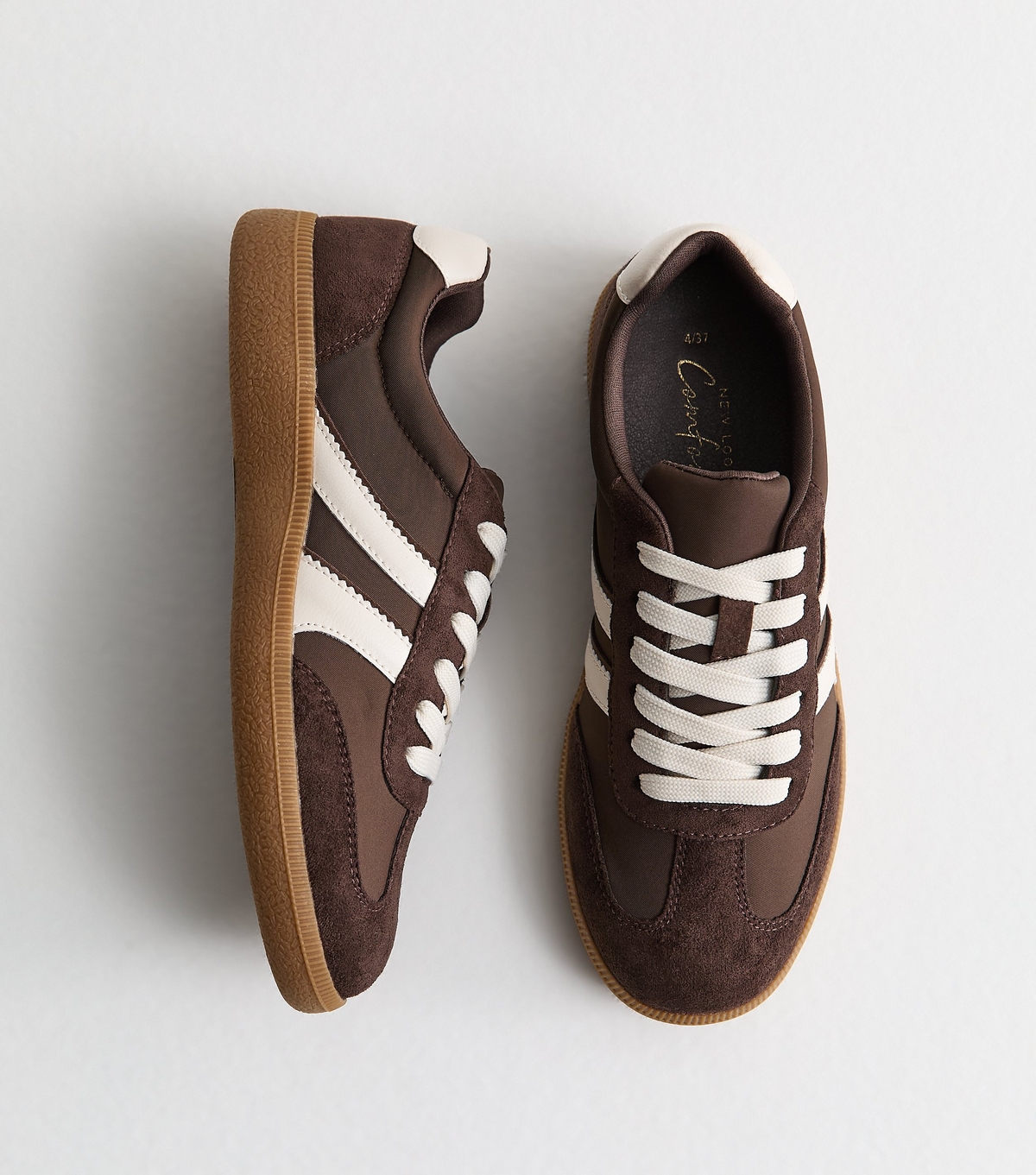 Women's Dark Brown Faux Brushed Leather Side Stripe Trainers Vegan New Look