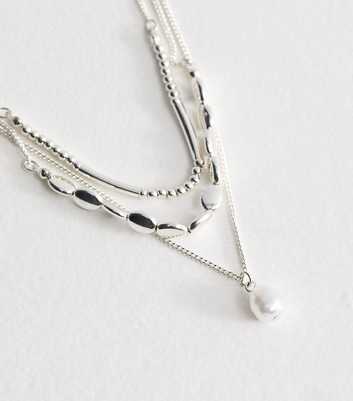 Silver Tone Triple Layer Beaded Faux Pearl Necklace