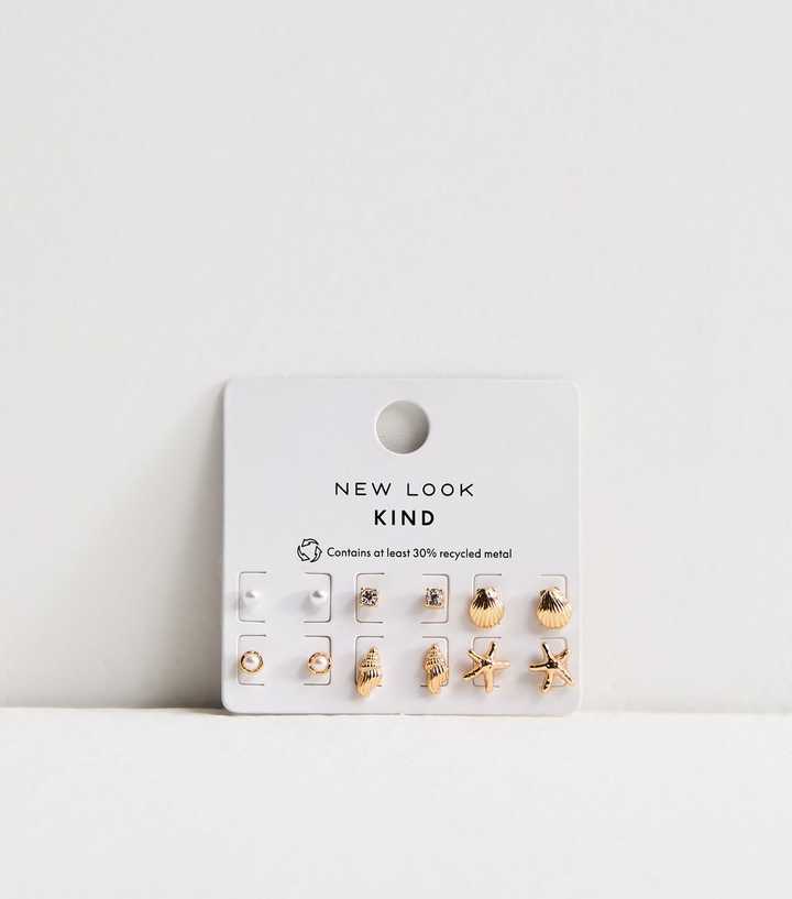 Pack of 6 Gold Tone Seashell Stud Earrings