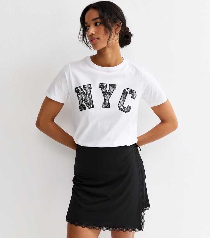 White Cotton Lace NYC Logo T-Shirt