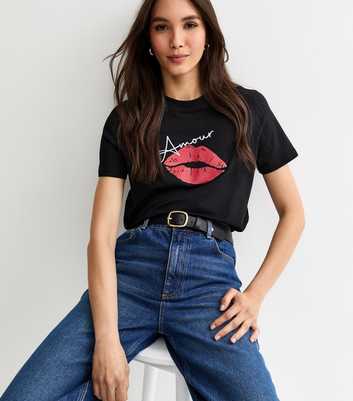 Black Amour Lips Print T-Shirt