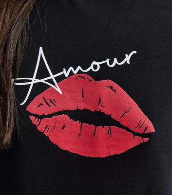Black Amour Lips Print T-Shirt | New Look