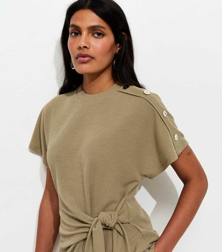 Light Khaki Ribbed Texture Button Detail Side Tie Top
