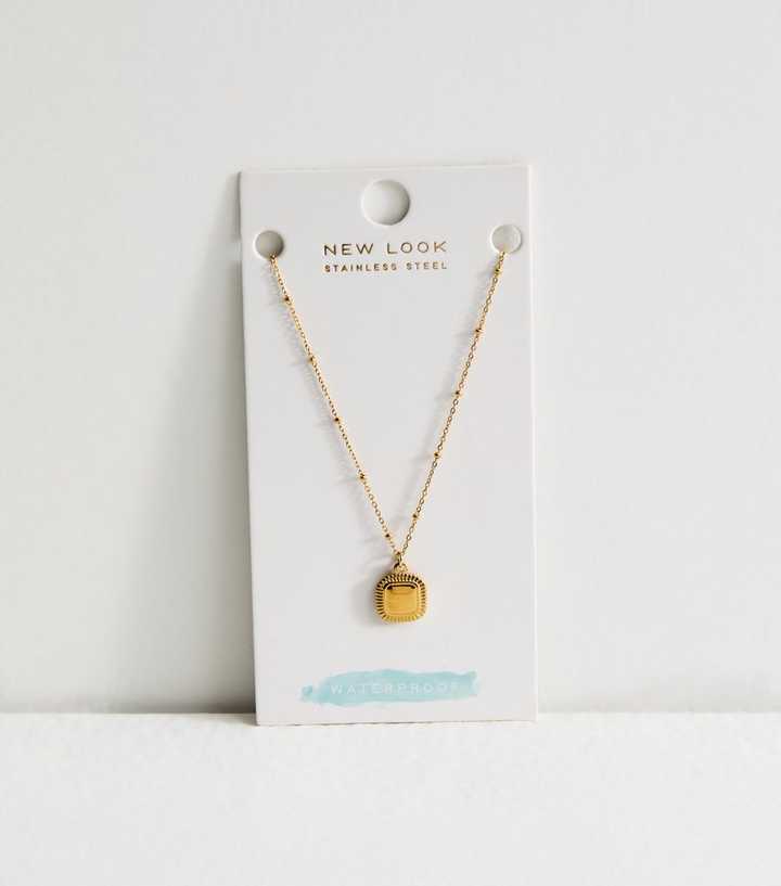 Gold Tone Waterproof Square Pendant Necklace