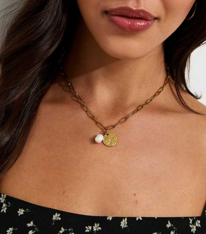 Gold Tone Waterproof Chain Faux-Pearl Coin Necklace